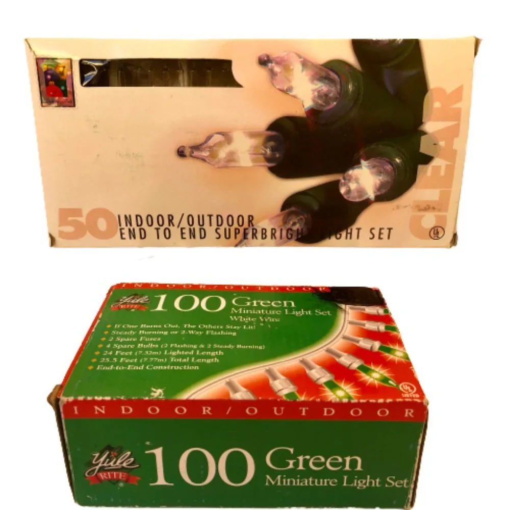 2 Sets of Christmas Lights 100 Green Miniature + 50 Clear New with Boxes
